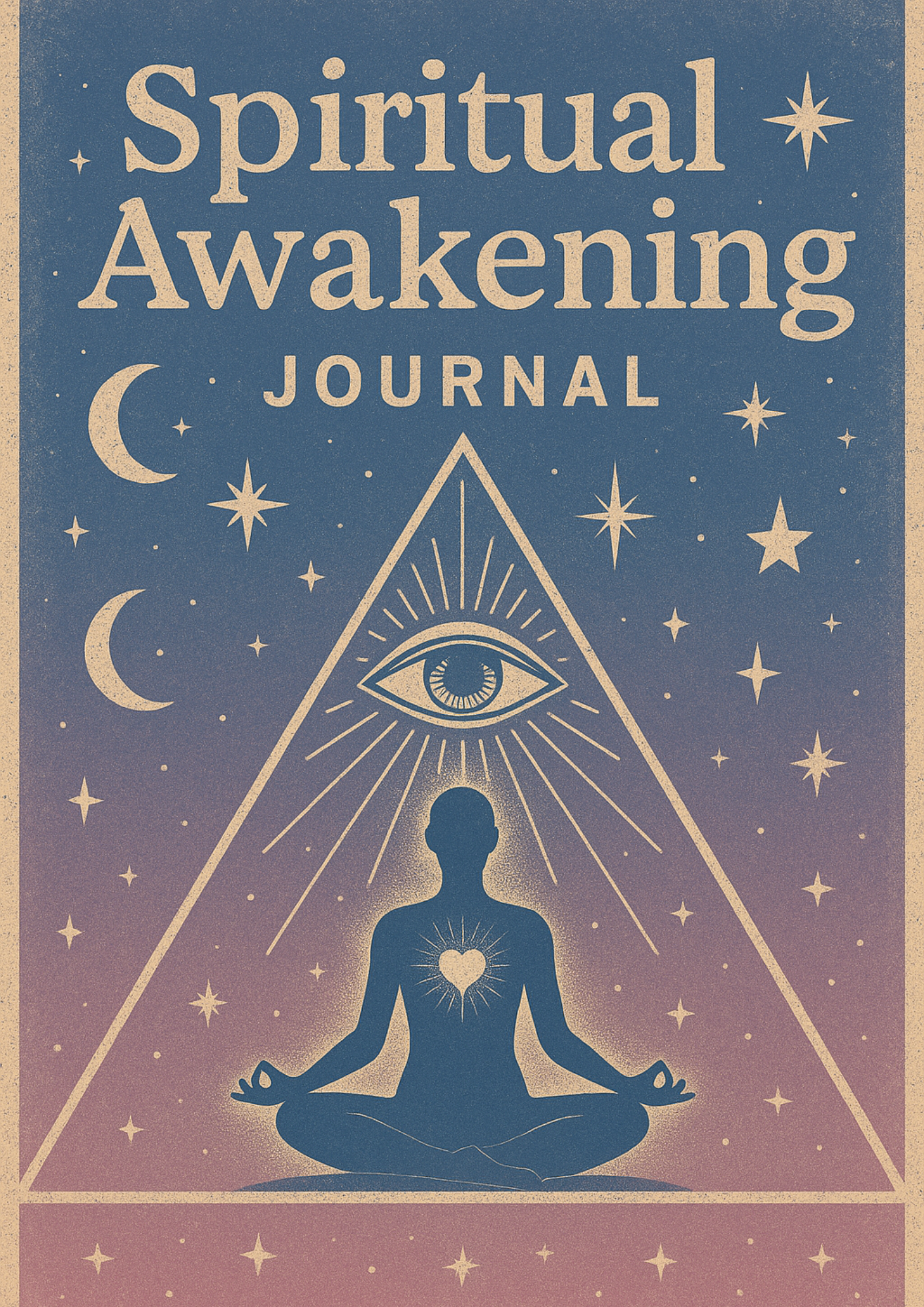 Digital spiritual awakening journal open on a tablet, displaying calm, sacred designs with prompts for reflection, energy check-ins, and soul exploration. Surrounded by crystals, candles, and a peaceful workspace.