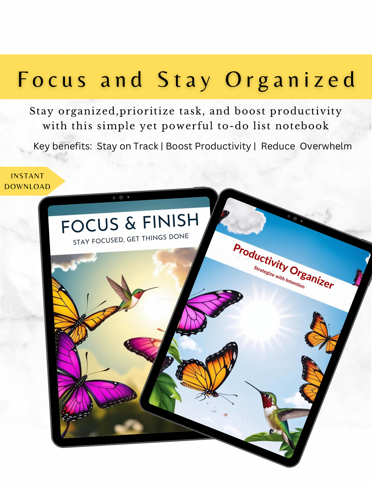 Focus & Stay Organized - a digital planner and productivity tracker bundle to boost focus, beat procrastination, and stay on top of tasks with ease.
