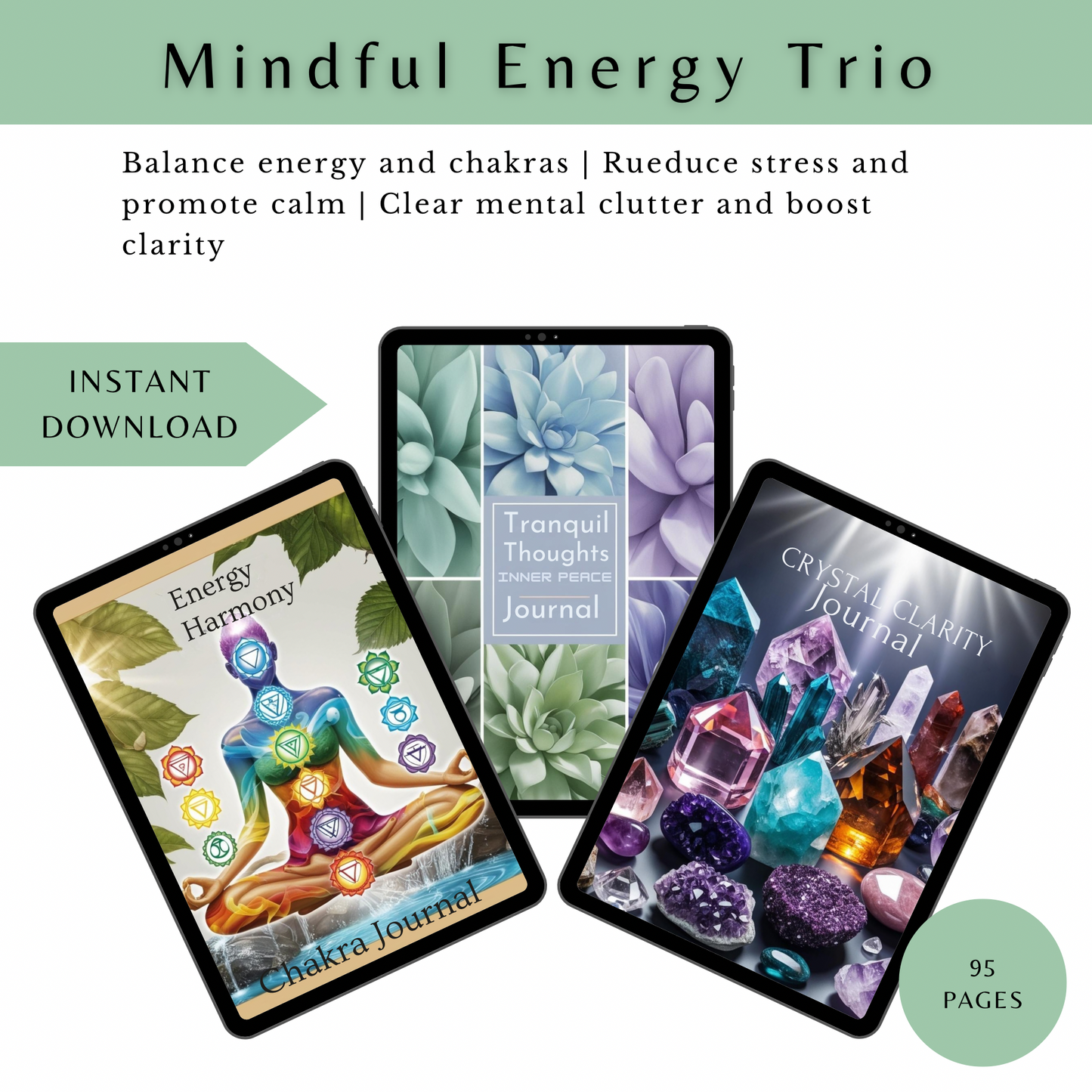 Mindful Energy Trio - a digital set of three journals for chakra alignment, inner peace, and mental clarity. Includes Energy Harmony, Tranquil Thoughts, and Crystal Clarity.