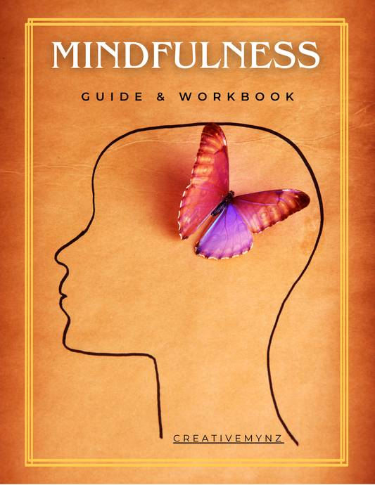 Mindfulness workbook shown open on a tablet screen, with soft minimalist design featuring calming prompts, breathing techniques, and reflection sections. Surrounded by meditation props like candles, greenery, and a journal pen.