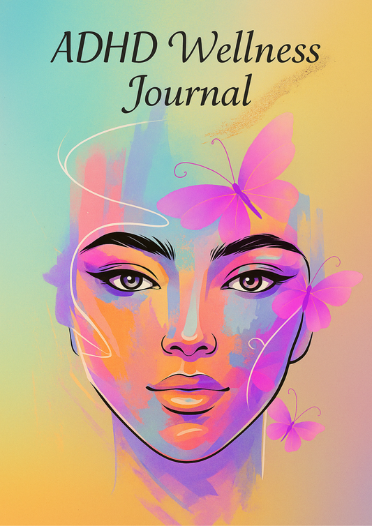 Digital ADHD wellness journal open on an iPad screen, displaying clean layouts with task trackers, focus prompts, mood logs, and daily planners. Designed in soft tones to promote clarity and ease for neurodivergent users.
