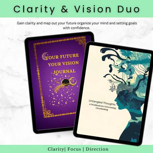 Digital journal and workbook titled ‘Your Future, Your Vision’ and ‘Untangled Thoughts’ with guided prompts.