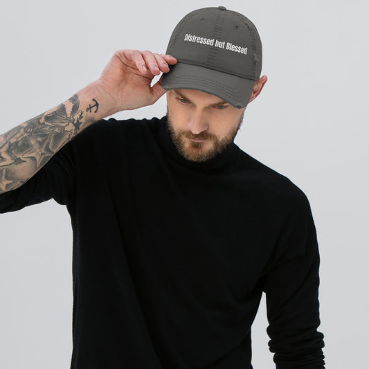 Distressed but Blessed - Faith - Inspired Distressed Dad Hat with a vintage wash and empowering embroidered message. 