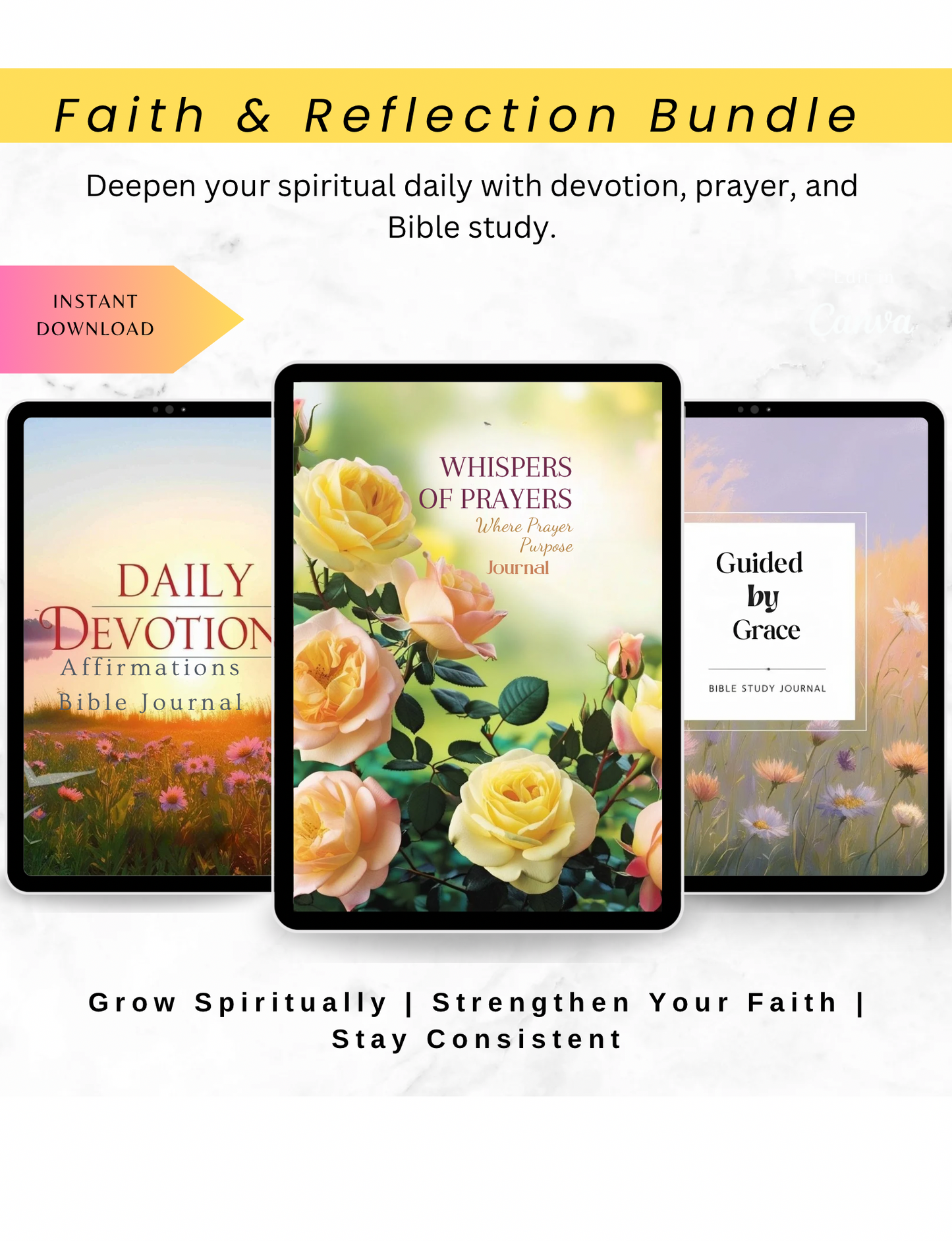 Faith & Reflection Bundle - a digital trio with a devotion journal, secret prayer log, and Bible study guide to deepen faith, reflection, and spiritual growth. 
