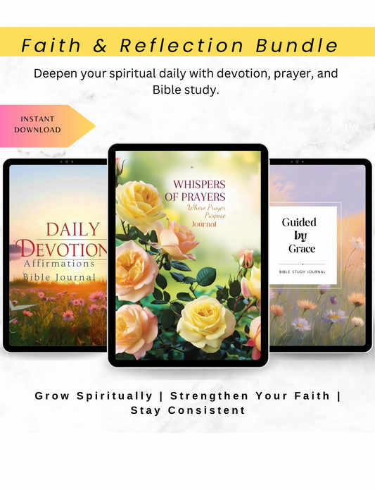Faith & Reflection Bundle - a digital trio with a devotion journal, secret prayer log, and Bible study guide to deepen faith, reflection, and spiritual growth. 