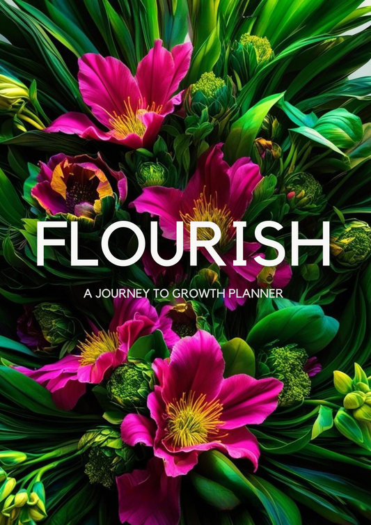 A digital planner titled ‘Flourish: A Journey to Growth Planner’ with a calming, elegant design. It helps you track personal growth, set goals, and reflect on your journey.