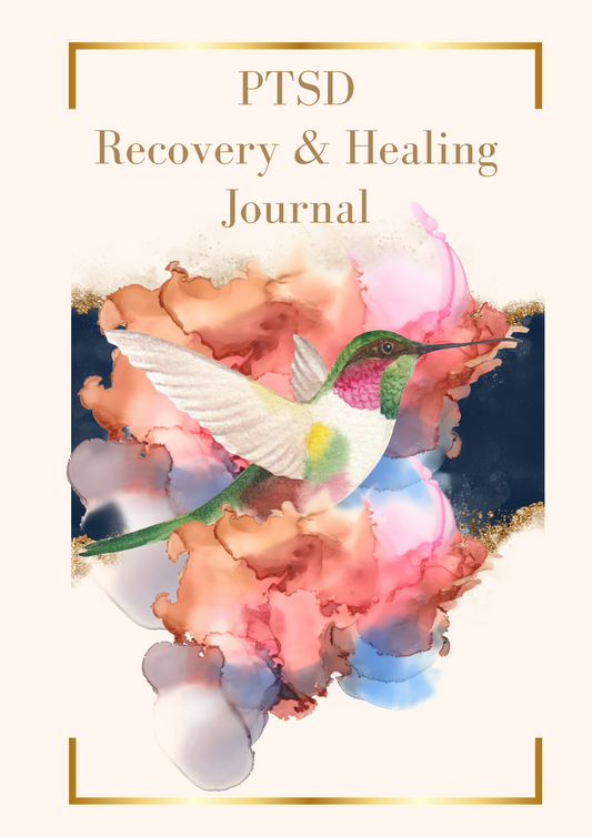 Digital PTSD recovery journal shown on an iPad, featuring calming tones, gentle prompts, and space for emotional reflection. Includes grounding exercises, trauma-aware journal prompts, and mindful healing layouts in a serene and supportive style.