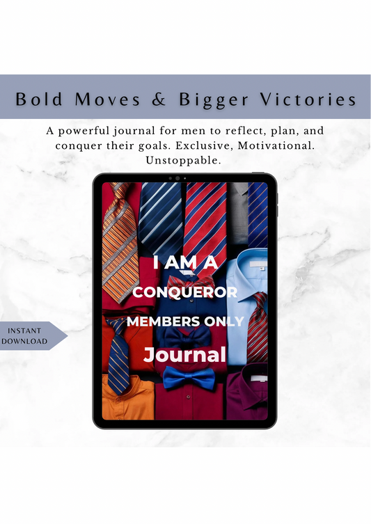 A digital motivational journal titled’I Am a Conqueror: Members Only Journal’ for men to build confide ce, reflect on progress, and conquer their personal goals.