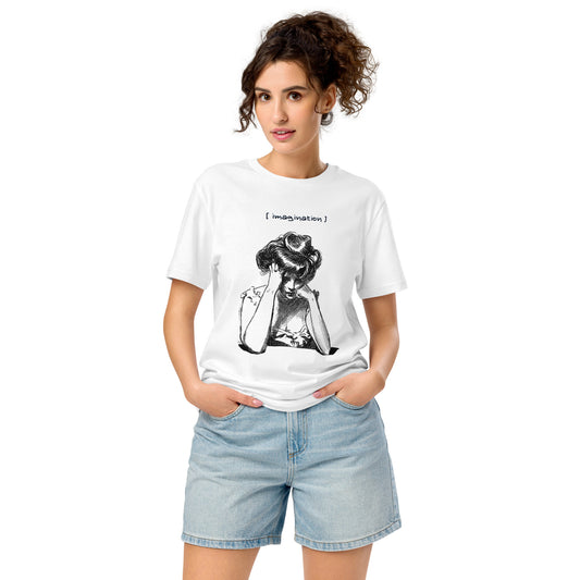 White T-shirt with ‘imagination’ on the front, on the back with ‘Take Deep Breath & Try All Over Again’ bold typography promoting creativity and ambition. 