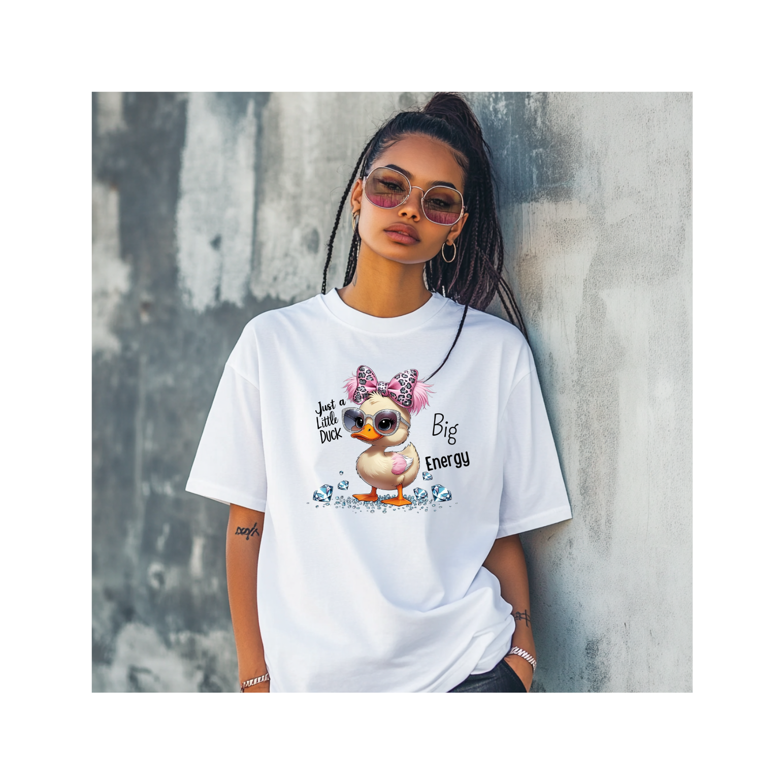 Funny T-shirt with the phrase 'Just a Little Duck with Big Energy' featuring bold text and playful design