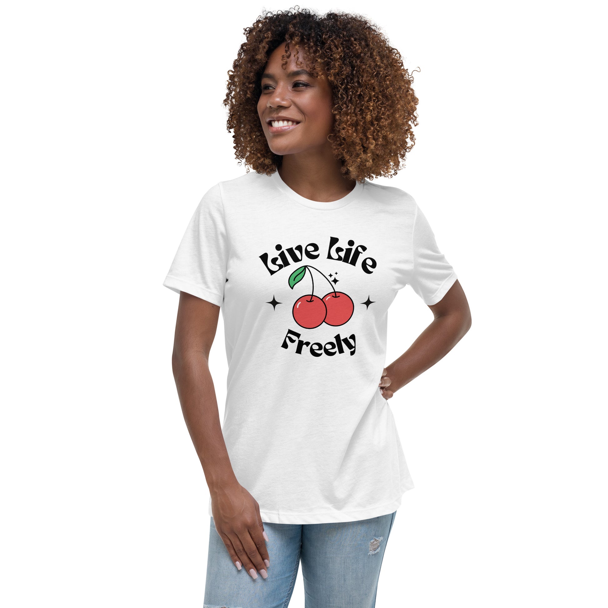 White T-shirt with “Live Life Freely” inspirational text graphic in stylish font