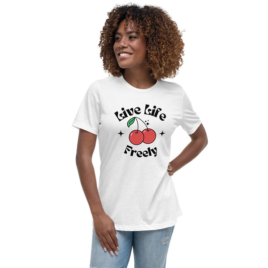 White T-shirt with “Live Life Freely” inspirational text graphic in stylish font