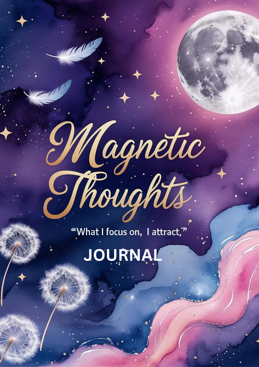 Tablet screen displaying the "Magnetic Thoughts" digital journal with clean, modern pages for scripting and journaling. The layout includes inspirational prompts, lined sections, and motivational quotes, ideal for Law of Attraction practices. Background includes cozy workspace elements like candles, pens, and a calming neutral-toned setting