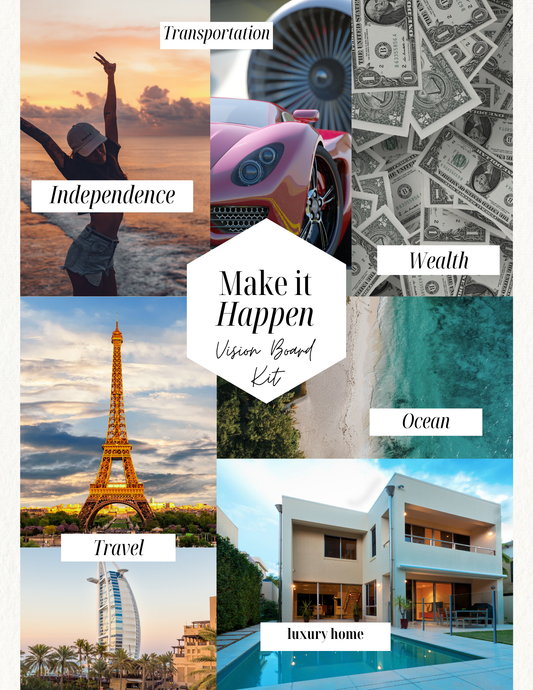Digital vision board displayed on an iPad screen with inspirational images, goals, and affirmations. Vision board kit includes quote stickers, customizable templates, and mood board elements, all laid out in a modern, stylish workspace.