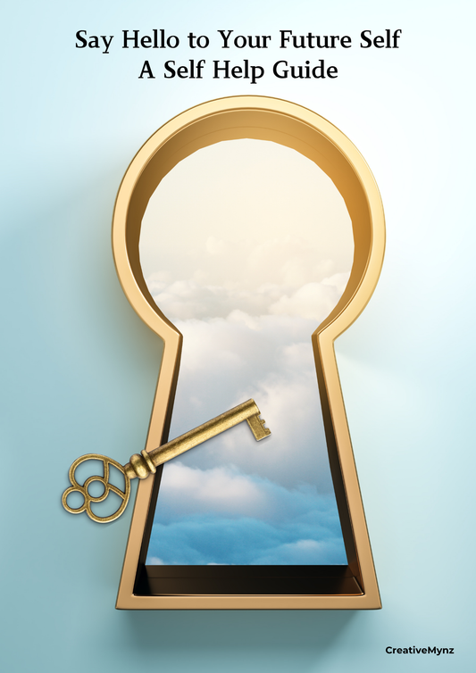 Self-help digital workbook displayed on a tablet, showing future self prompts, vision exercises, and clarity-building journaling pages. The background includes a candle, vision board elements, and peaceful tones symbolizing personal growth and direction.
