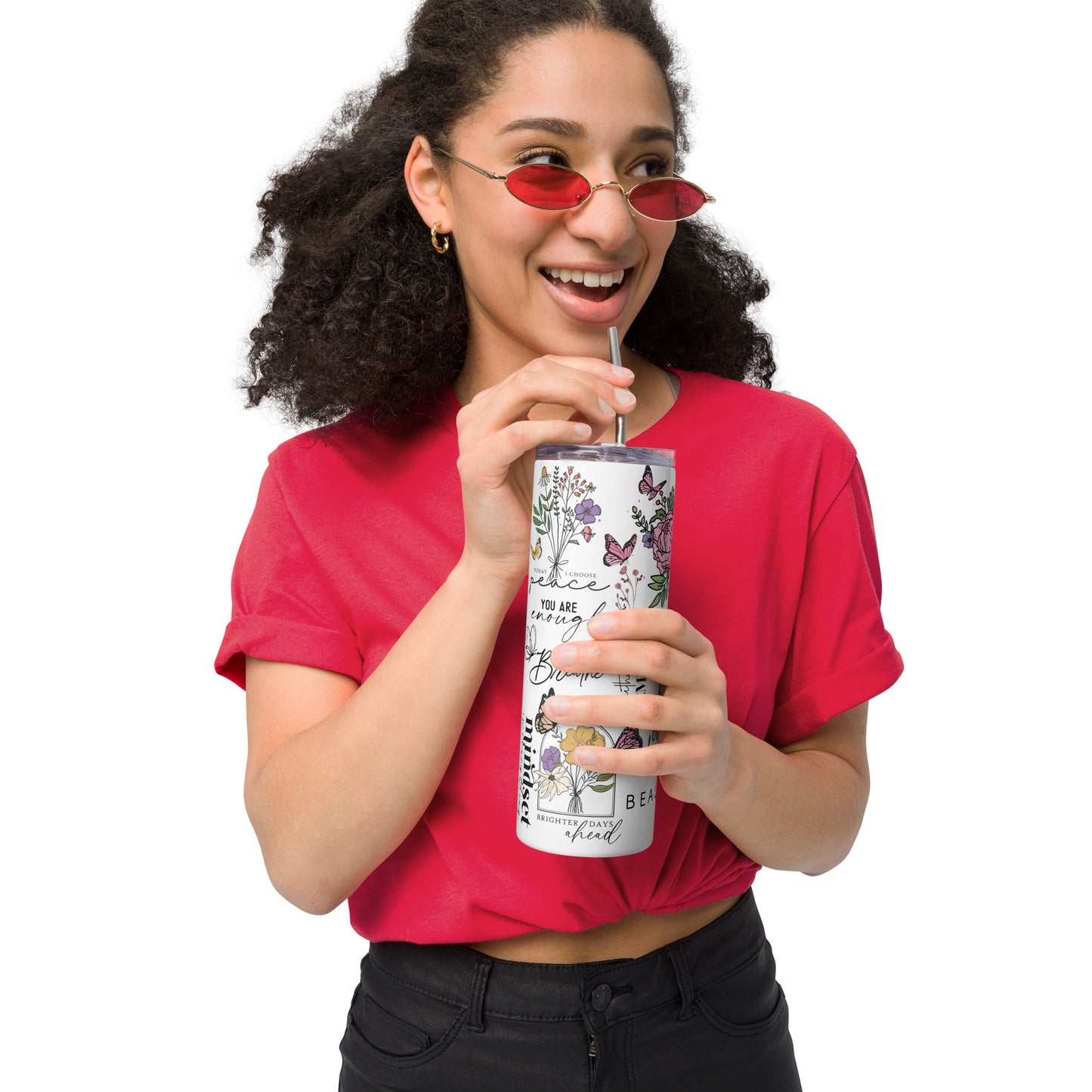 Sleep stainless steel skinny Tumblr with a wrapped floor design with quotes, such as “You Are Enough”, “Mindset is Key”, “You Re Beautiful.” The elegant script and vibrant flowers create an inspiring and stylish look, perfect for daily motivation on the go