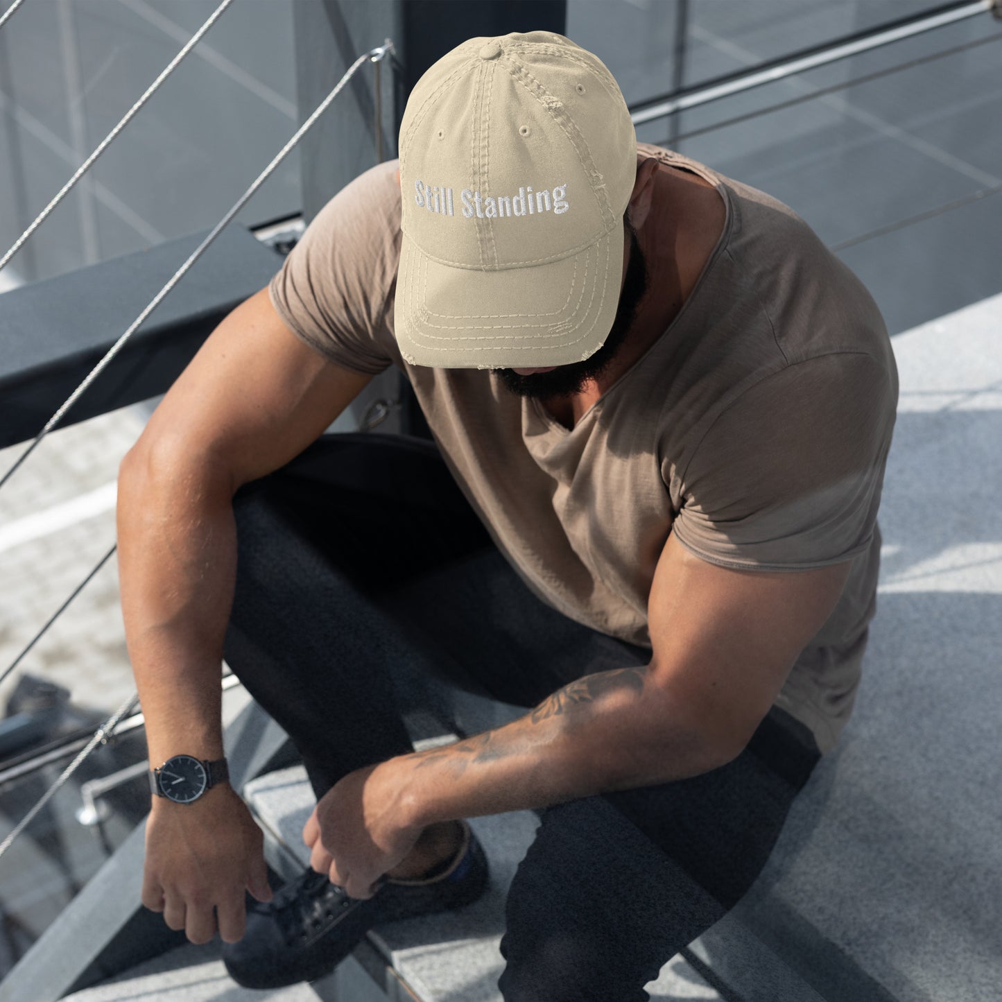 Still Standing - Resilient MessageDistressed Dad Hat- with vintage distressed design and bold embroidered lettering. 