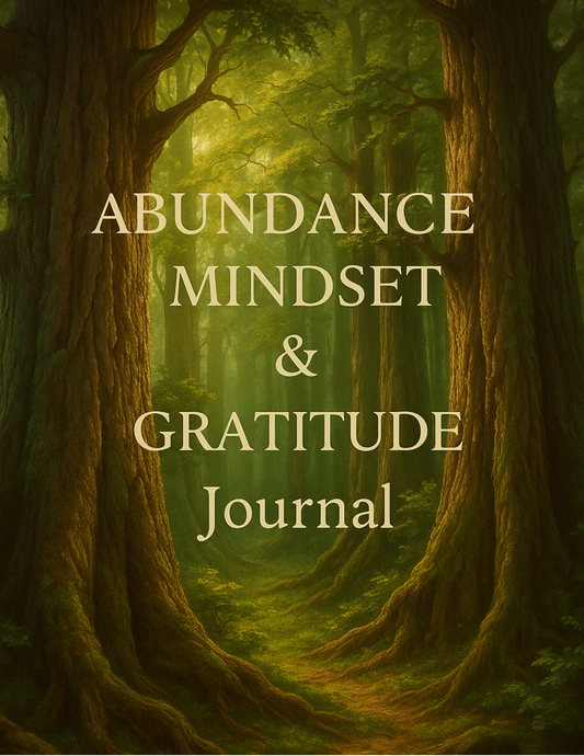 Digital abundance and gratitude journal open on a tablet, showing clean layouts with prompts for daily gratitude, affirmations, and mindset reflection. Soft gold, beige, or pastel tones create a calming, positive workspace surrounded by candles and a pen.