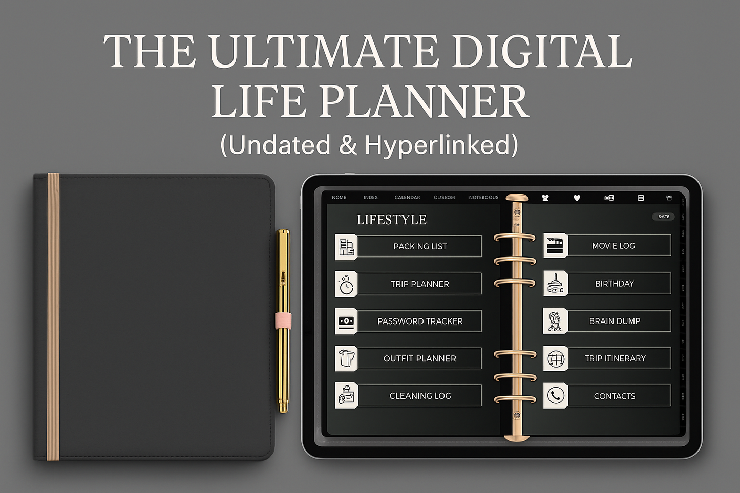 Stay organized with this undated, hyperlinked digital life planner. Includes calendar, lifestyle tools, and more—perfect for iPad and tablet users. Instant download!