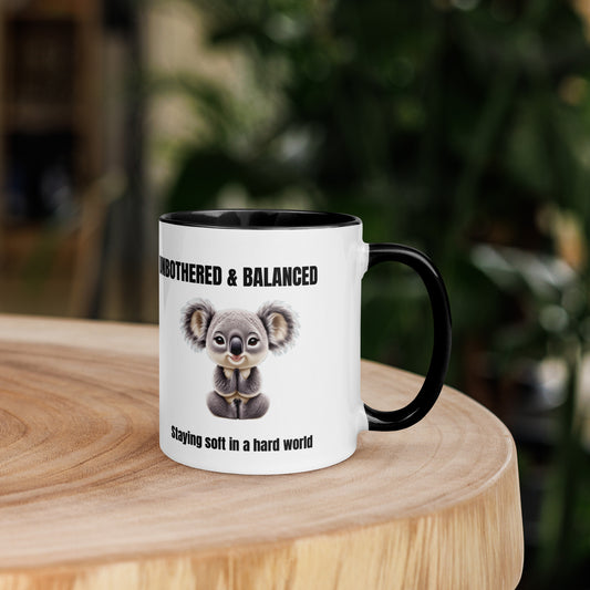 Unbothered & Balanced - Calm & Confident Ceramic Coffee Mug with minimalist text and empowering message for mindful morning. 
