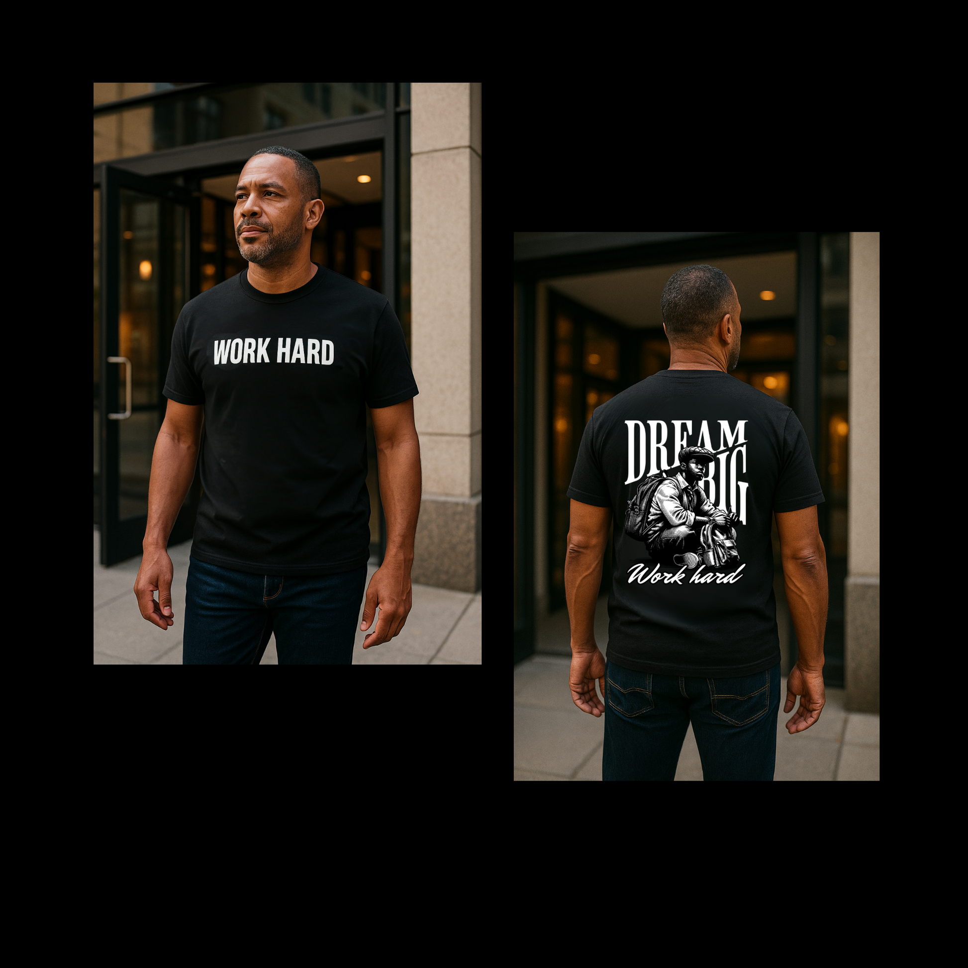 Motivational unisex T-shirt with “Work Hard Dream Big” quote printed on front – inspirational cotton tee for men.
