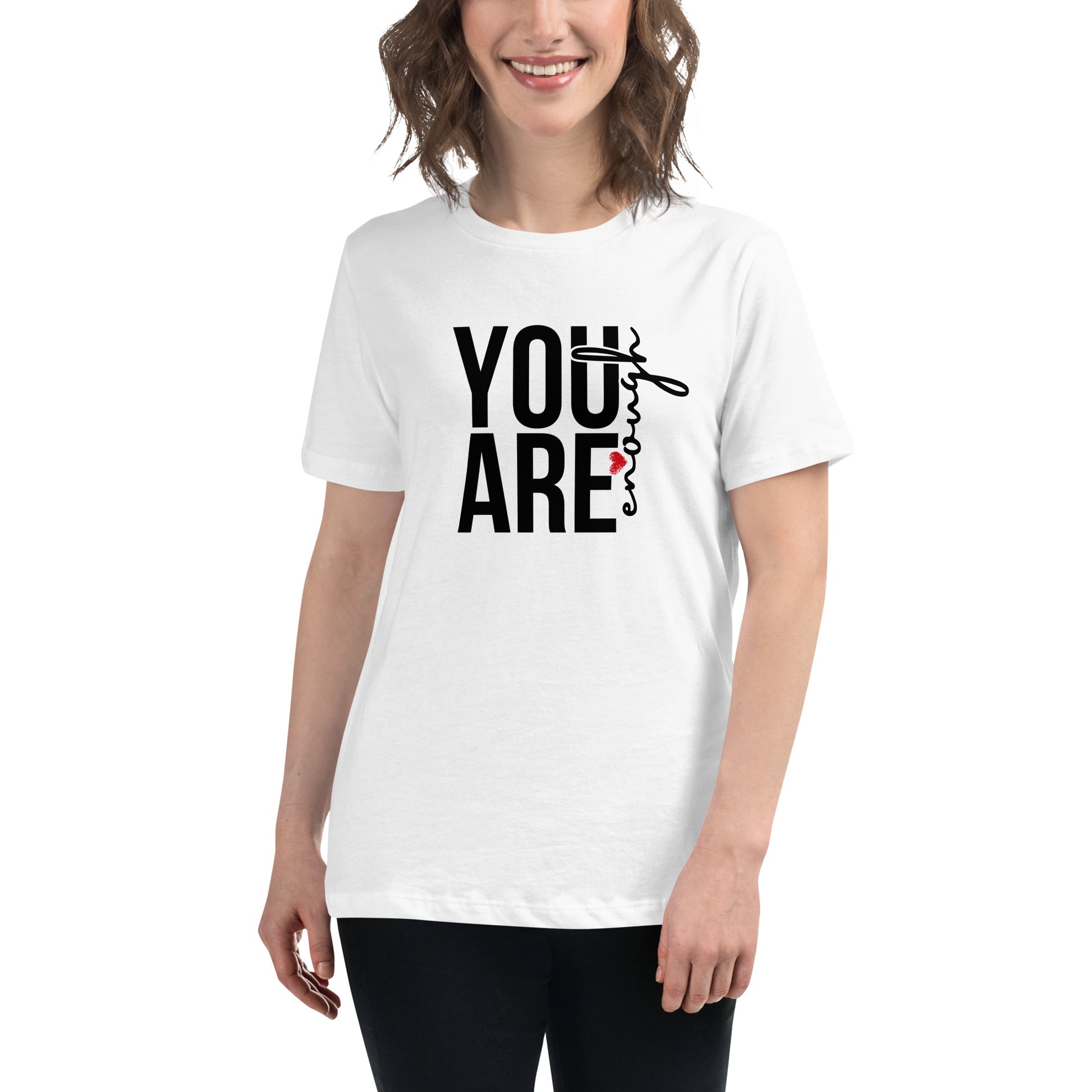 White women’s T-shirt featuring bold “Your Are Enough’” inspirational graphic. 